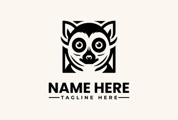 Fototapeta premium Black and white illustration of a stylized raccoon logo with geometric patterns, text placeholder for 'NAME HERE' and 'TAGLINE HERE' on a clean background.