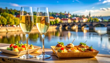 Wine and Appetizers on Wooden Table by River.