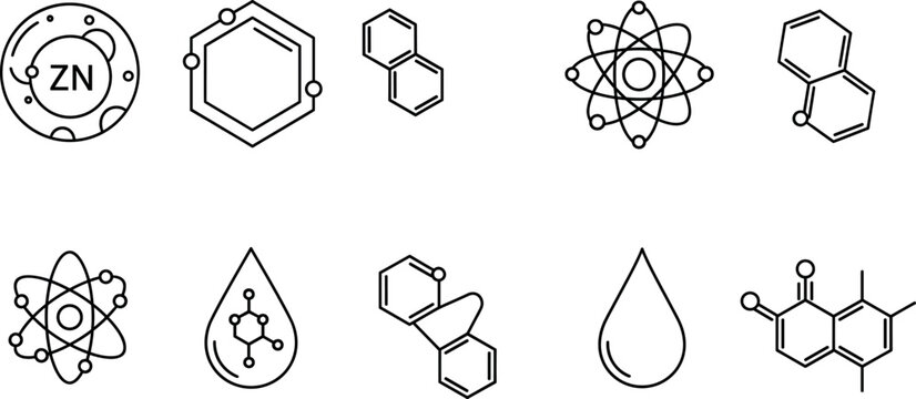 Minimal line chemistry and science icon set featuring atoms molecules chemical structures water drop and laboratory symbols