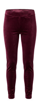 Wine-colored velvet leggings with a smooth, plush texture