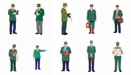 Vector set of professional railway and transportation service personnel in green uniforms, performing various duties like checking tickets, directing, and handling baggage.