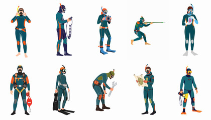 Scuba diving and snorkeling flat vector characters set performing underwater and pre-dive activities, showing gear and action poses. © Loro
