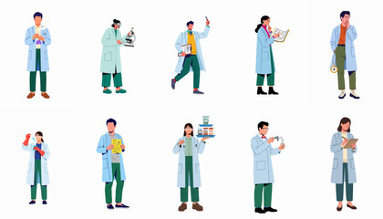 Diverse team of scientists and researchers in lab coats conducting various experiments and analysis, illustrating scientific research and innovation.