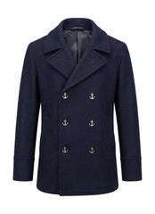 Double-breasted pea coat in navy wool with anchor buttons