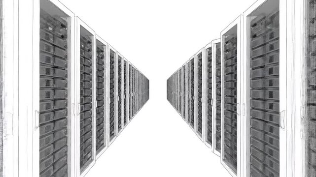 Perspective view of rows of server racks, with a bright white background. Hand-drawn style