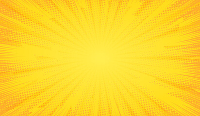 Fototapeta na wymiar Comic background. Yellow background in pop art comics style. Cartoon thunder lightning. Game show. Funny book page. Fun dot popart pattern for sale. Sunburst bubble. Starburst bg. Vector illustration