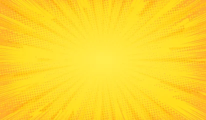 Fotobehang Pop Art Comic background. Yellow background in pop art comics style. Cartoon thunder lightning. Game show. Funny book page. Fun dot  popart pattern for sale. Sunburst bubble. Starburst bg. Vector illustration  © Omeris