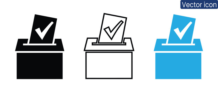 Collection of ballot box icons with checkmark in black, outline, and blue styles