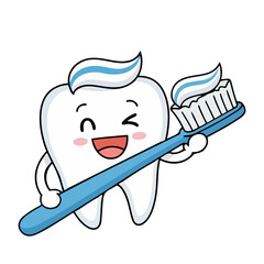 Happy tooth character holding a toothbrush with toothpaste, oral hygiene and daily dental care concept
