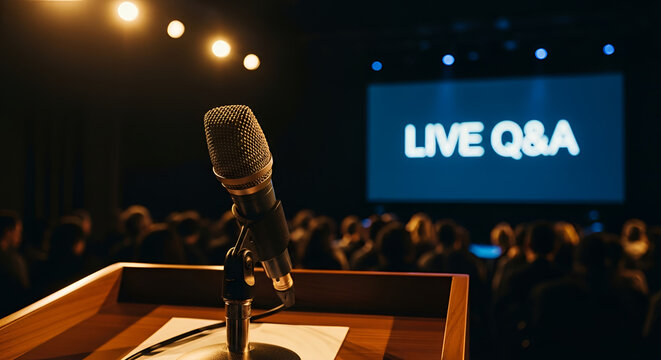 A microphone on stage with a Live Q&A backdrop, ready for an event or presentation. The image captures the anticipation and excitement of a live discussion. 