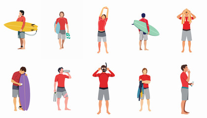 Surf Culture and Water Sport Enthusiast Activities Set: Flat Vector Illustrations of Men Preparing, Surfing, and Recovering on the Beach. © Loro