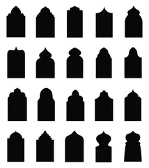 Old mosque windows shape in oriental style islamic door. Islamic window black silhouette shape collection.
