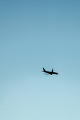Airplane silhouette flying in clear blue sky with copy space, Vertical