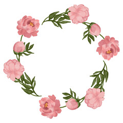 Hand-painted watercolor peony wreath illustration created for Women&rsquo;s Day and spring celebration designs. Elegant circular floral composition featuring blooming peonies