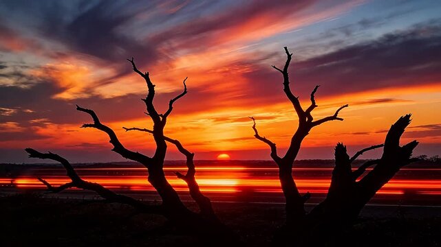 Dead tree silhouettes at sunset over water