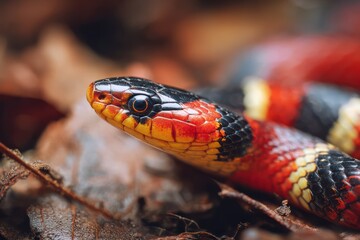 Colorful reptile slithering through dry autumn leaves