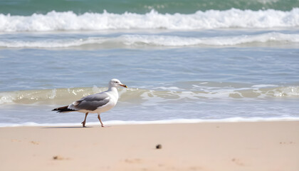 A seagull is walking on the beach near the water