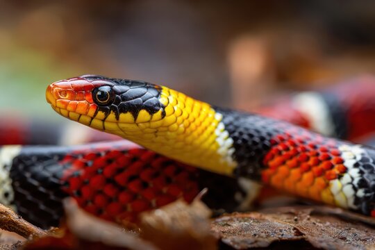 Striking coral snake scales on the jungle floor