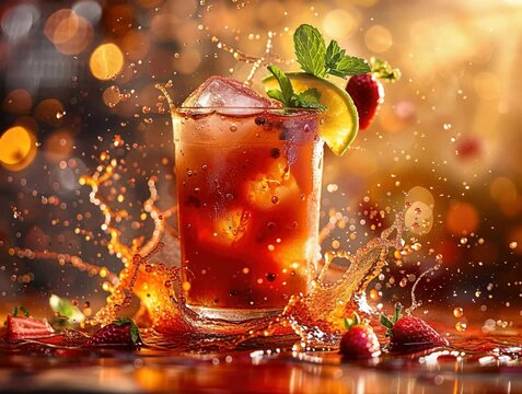 A vibrant, tall glass with an orange liquid, garnished with a lime slice Orange splatter on the glass rim in dim indoor lighting, possibly a bar or lounge - AI-Generated