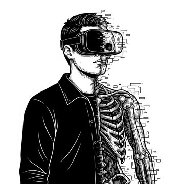 man wearing VR goggles looks away, with half his body transforming into a digital skeleton structure sketch engraving generative ai vector illustration.