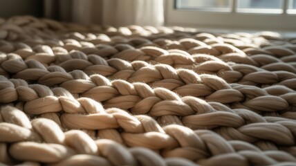 Obraz premium Chunky knit wool blanket macro cozy hygge texture neutral beige