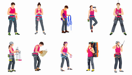 Obraz premium Climber Preparation Vector Set: Diverse people handling ropes, gear, and equipment for rock climbing and mountaineering adventures on white background.