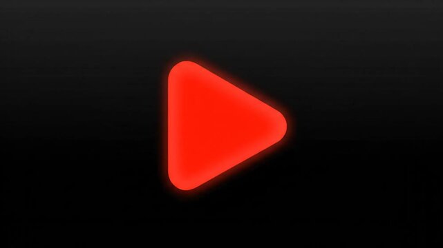 Glowing red play button icon, video playback symbol, overlay effect for website or app, isolated on black background, png