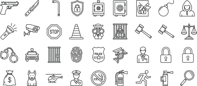 Hand Drawn Security and Crime Prevention Icon Set with Police Tools Surveillance Weapons Handcuffs and Safety Outline Vector Collection