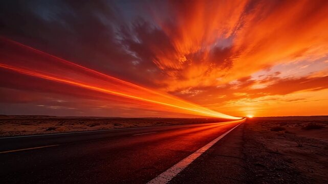 Desert highway road with red light trails and sunset horizon