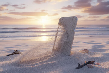 Appstinence and Digital Detox concept with a smartphone sitting on a beach, slowly turning into white sand and blowing away in the breeze. Serene, peaceful, soft sunset colors.