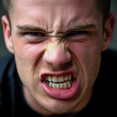 Closeup portrait captures raw, intense anger. Man face is contorted, with a deeply furrowed brow and a snarling mouth that bares clenched teeth. His eyes are narrow and piercing aggressive power