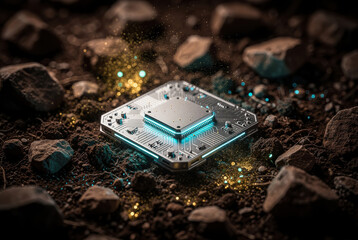 Macro shot of a futuristic microchip resting on a bed of raw, unrefined rare earth and glowing dust. A visual metaphor for the connection between the soil and the tech