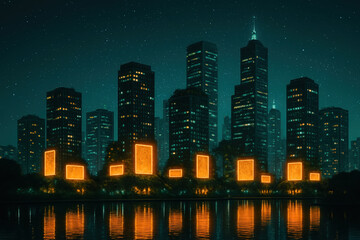 A night skyline of a sustainable city where the base of every building has a glowing amber salt battery hub, powering the lights. Teal and orange color grade