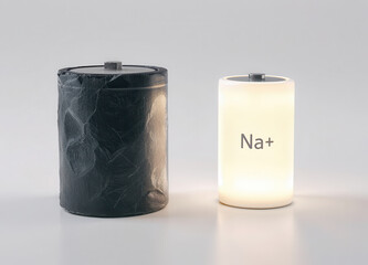 Comparison between a heavy, dark lead-acid battery next to a light, glowing, modern sodium-ion cell labeled Na+