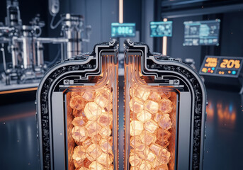 A cross-section of a futuristic sodium battery. Instead of liquid, it is filled with glowing, translucent salt crystals emitting a warm amber light. High-tech laboratory concept