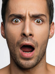 Closeup portrait of a man face frozen in a state of extreme shock. His eyes are wide, pupils dilated, and brows deeply furrowed. His mouth is agape in a silent gasp