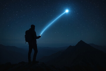 Direct-to-Satellite Mobile Tech concept with a hiker standing on a mountain peak holding a phone. A faint, glowing beam of blue light connects the smartphone directly to a bright star in the night sky