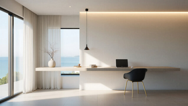 Modern minimalist home office with ocean view and sleek furniture