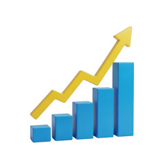 Golden coin atop ascending blue bars with orange arrow isolated on transparent background