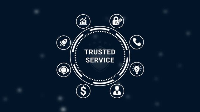 Trusted service and customer support concept with modern flat rotating around a central shield emblem for business security technology and reliability themes