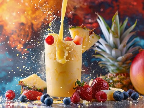 A vibrant, slow motion image showcasing a glass of frothy orange fruit juice pineapple, berries on a gray surface in a tropical setting The beverage is fizzing energetically with sca - AI-Generated