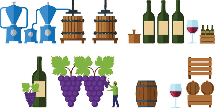 Traditional Wine Production Process Vector Set Featuring Grape Harvesting, Wooden Press Machines, Fermentation Equipment, Oak Barrels, Glass Bottles, and Vineyard Industry Elements