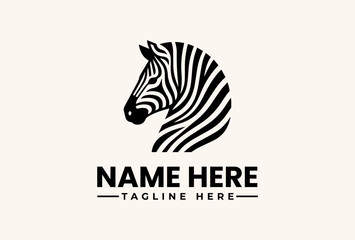 Fototapeta premium Black and white zebra head logo illustration on a beige background with space for a company name and tagline, featuring a stylized animal design.