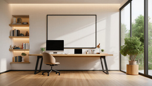Modern home office with wooden desk and chair by large window