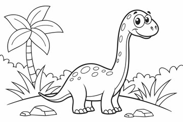 kids coloring page, brachiosaurus dinosaur, cartoon cute, gentle look, thick outlines, simple body shapes, black and white, no shading