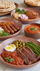 Close up of delicious traditional middle eastern breakfast spread. Healthy morning dishes with pita, hummus and sauce.