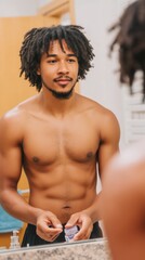Young african american man looking in bathroom mirror getting ready for daily hygiene routine. Self-care and grooming concept.