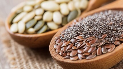 Superfood seeds in wooden spoons. Healthy chia, flax, pumpkin seeds mix. Nutrition ingredient for a balanced diet and wellness.