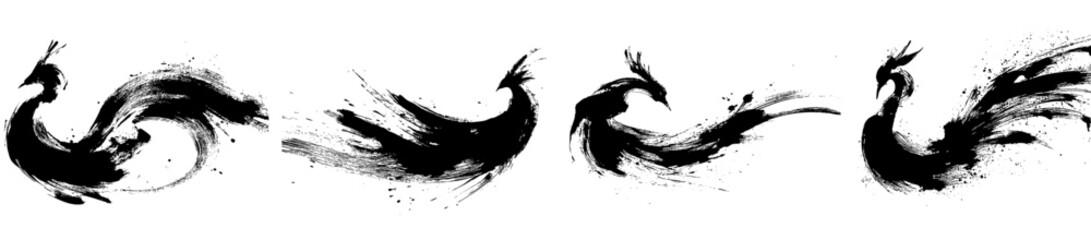 Naklejka premium Phoenix brush stroke illustration inspired by asian ink painting with dynamic flowing movement on white background