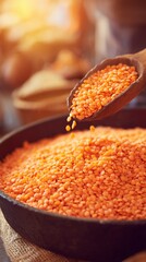 Red lentil pouring from a wooden spoon into a bowl. Healthy vegetarian food concept. Culinary and cooking ingredient.